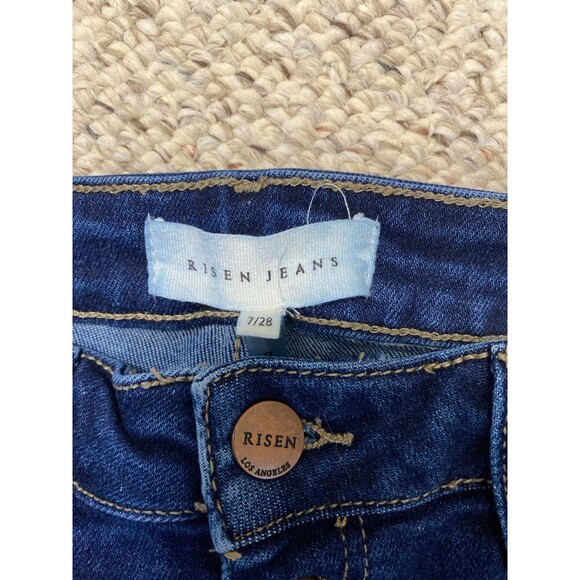 RISEN High-Rise Exposed Button Fly Dark Wash Crop Flare Raw Hem 7/28 - Picture 6 of 8